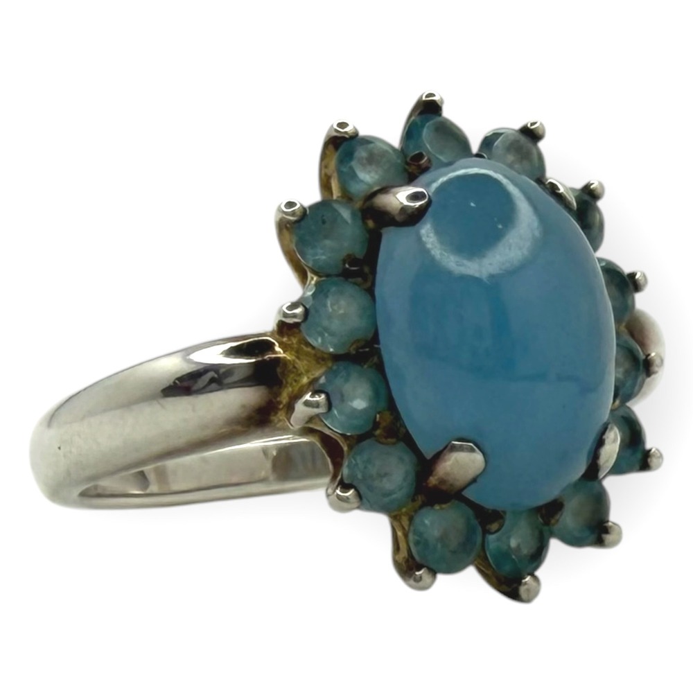 Vintage Cocktail Ring Sterling Silver 925 Size 9 Blue Cabochon Cluster Halo